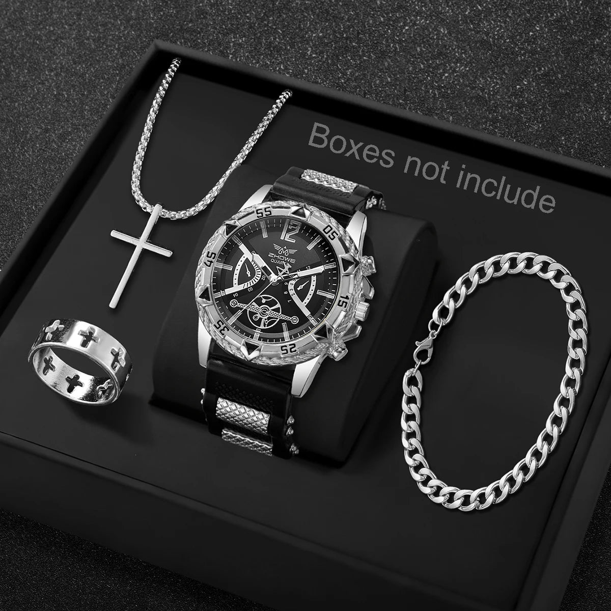 Coffret Montre Homme Quartz + Bracelet + Collier + Bague – Set 4 Pièces Fashion