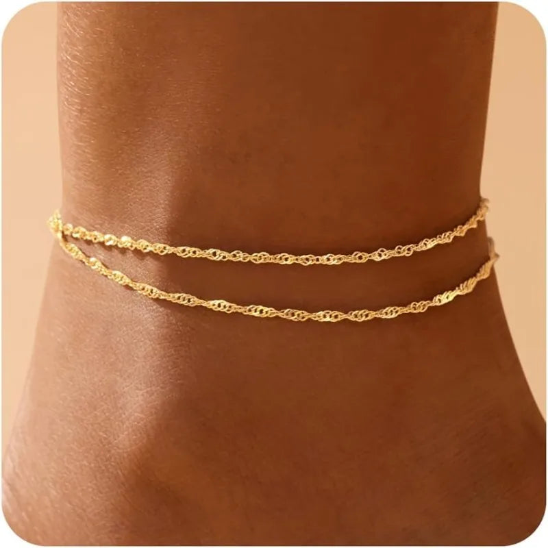 Bracelets de Cheville Dorés pour Femme – Set Superposé Plaqué Or 14K, Acier Inoxydable Waterproof