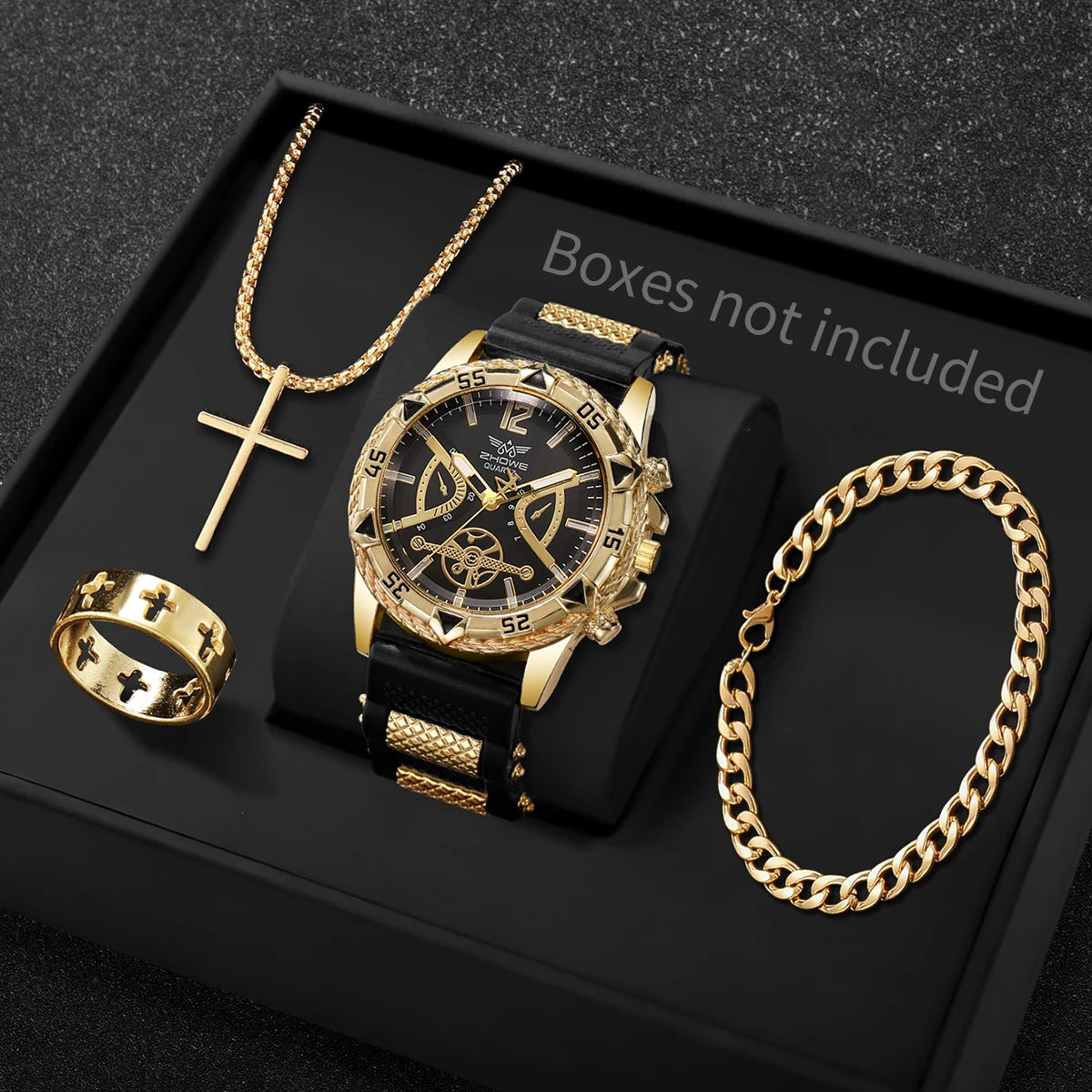 Coffret Montre Homme Quartz + Bracelet + Collier + Bague – Set 4 Pièces Fashion