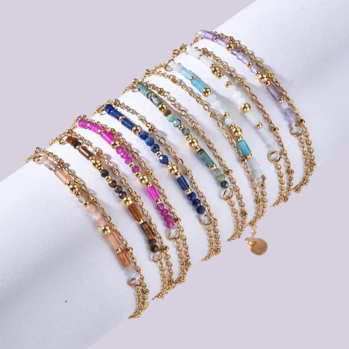Bracelet NovaPick bohème en plaqué or 18K avec pierres naturelles multicolores facettées sur chaîne ajustable